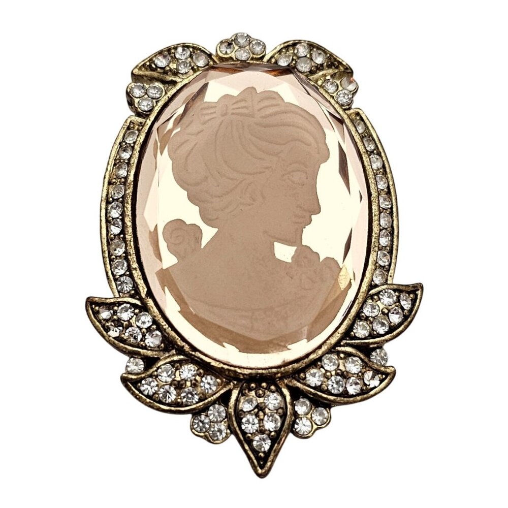 Pink Glass Reverse Cameo Brooch Clear Rhinestone Pin C878